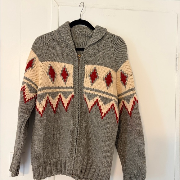 Sweaters - Gray Shawl Collar Zip Sweater with Red and Cream Pattern